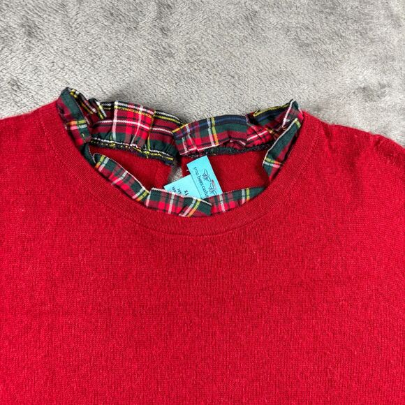 Two Bees Cashmere Women Sweater Tartan Plaid Trim Crewneck Preppy Red XL I138 - Picture 2 of 9